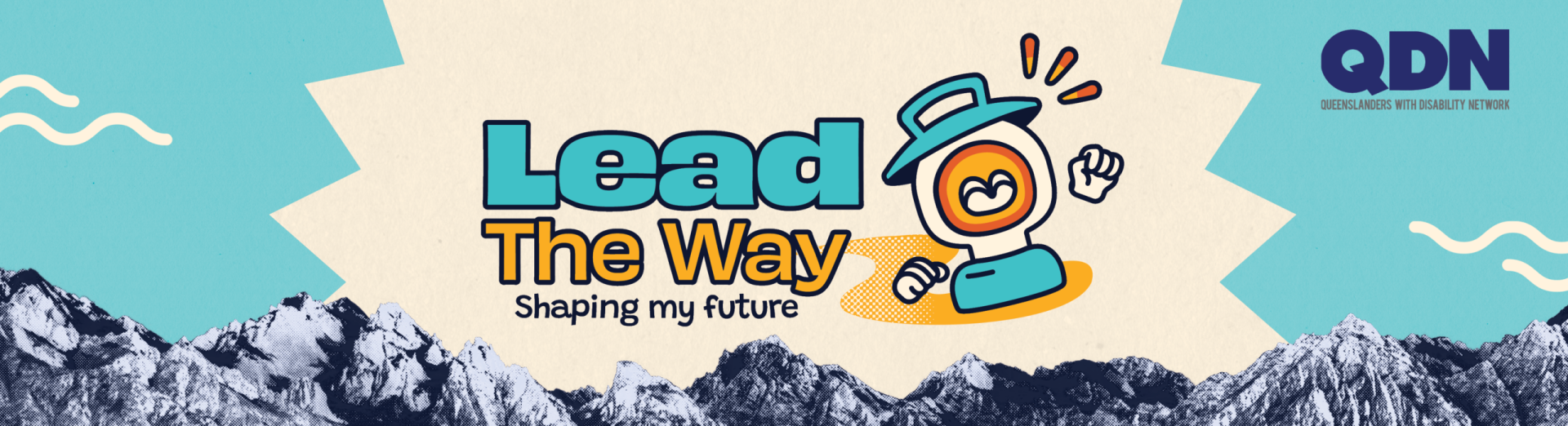 Lead the Way: Shaping my Future logo with mountain range in the background. A cartoon lantern jumps in the air with excitement and pumps its fist in the air.