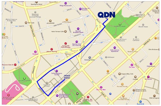 street map showing directions from the train station to QDN offices