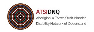 Image of a circle with aboriginal style dot painting in various colours and the words ATSIDNQ Aboriginal & Torres Strait Islander Disability Network of Queensland on the right side of the circle. This is the ATSIDNQ logo.