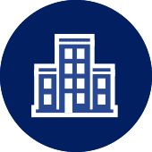 Image of blue circle outline of facade of 3 buildings inside the circle