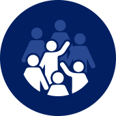 Image of blue circle on a grey and white chequered background. Inside the circle are four white silhouettes of people in front and three grey silhouettes of people in back