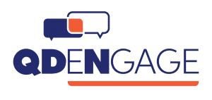 Q D engage logo. Orange and blue text reading Q D engage