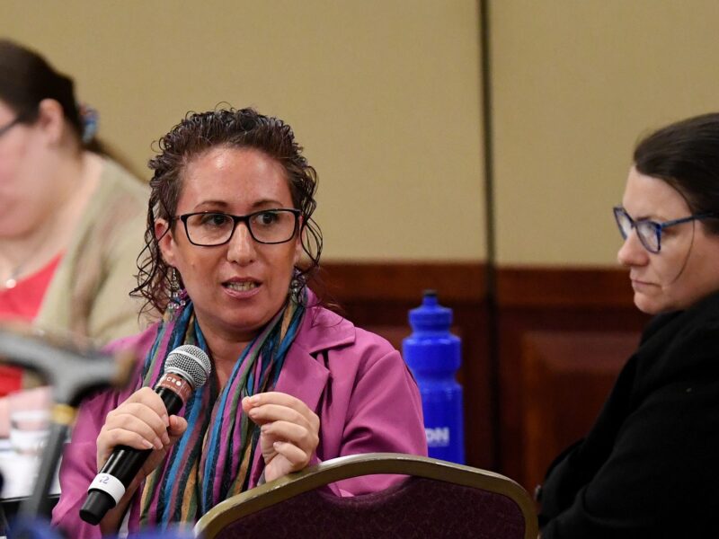Three people are at a table, one woman is speaking with a microphone. A lady behind her is half turned to face her and another ;ady is out of focus in the background looking at something on the table.