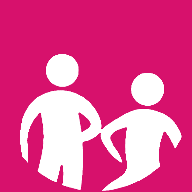 Pink background with a white graphic of 2 people with their elbows touching