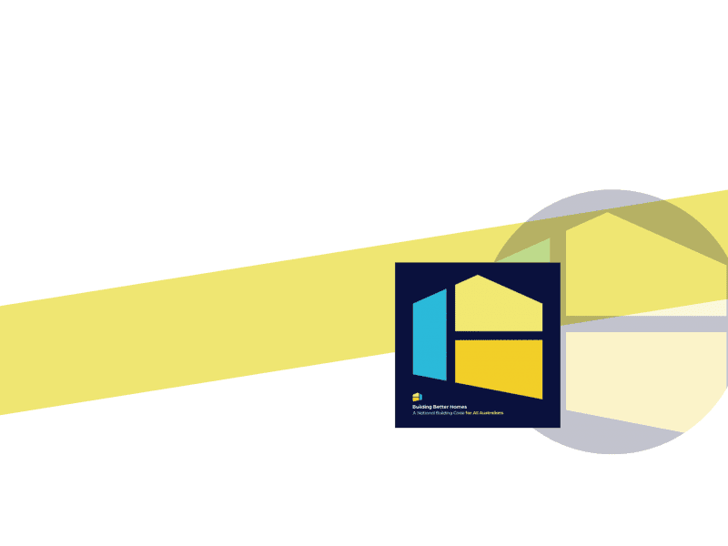 The Building Better Homes logo with a yellow strip behind it. The logo is two shapes put together to look like a house.