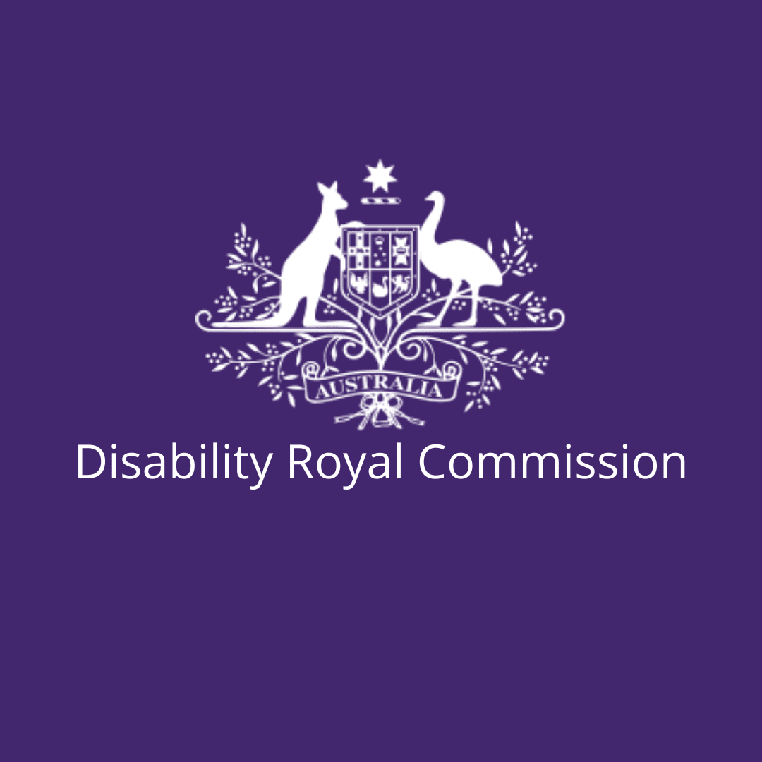 Australian government logo, white crest with a kangaroo and emu with the text below saying Disability Royal Commission