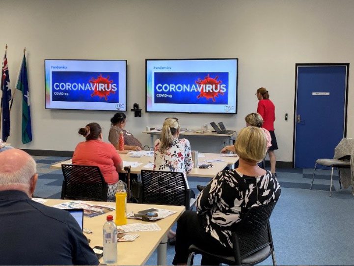 A group of people are sitting around tables facing towards a lady with two screens. The screens both display the word CORONAVIRUS in large text.