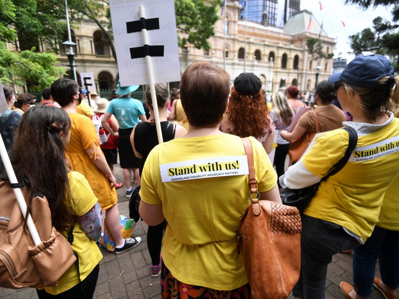 The backs of a group of people at the Stand with us! rally. Two people have stickers on their backs saying Stand with us!