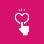 Pink background with a white graphic of a hand with one finger pointed at a heart.