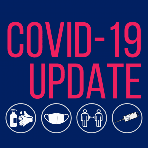 Dark blue background with pink text saying Covid-19 Update. Below are four circles with graphics of hand sanitiser, mask, people social distancing and a Covid vaccination needle.