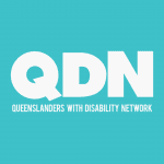 Aqua background with a white QDN logo, which is the letters QDN with the text Queenslanders with disability network below.