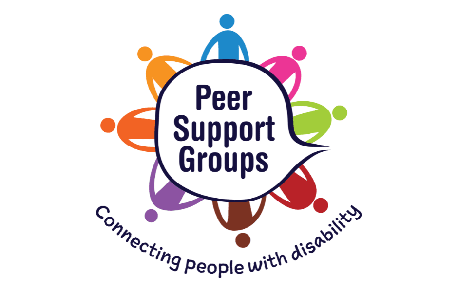 Peer Support Groups written inside a speech bubble with drawings of multicoloured people around the edge. Below it says Connecting people with disaibility