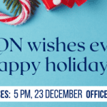 There is an aqua background with some pictures of red and white striped presents with some greenery. In the top left it says QDN Office Hours. The main text says QDN wishes everyone a happy holiday season! Office Closes 5pm, 23 December, Office re-opens 9am, 4 January.