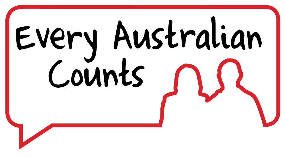 A red speech bubble with the text inside saying Every Australian Counts