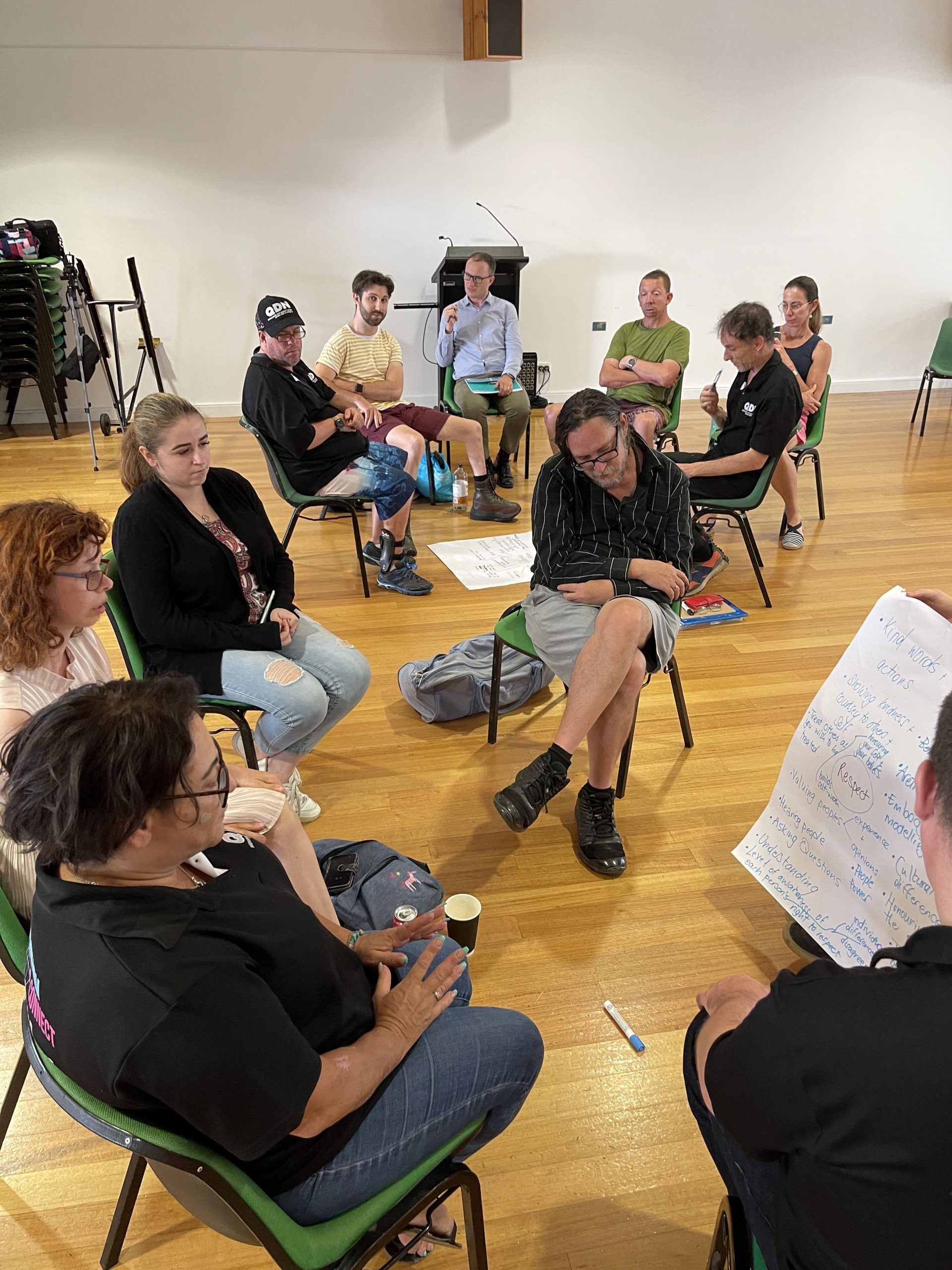 Two groups of people sitting on chairs in two circles. They are having a discussion.