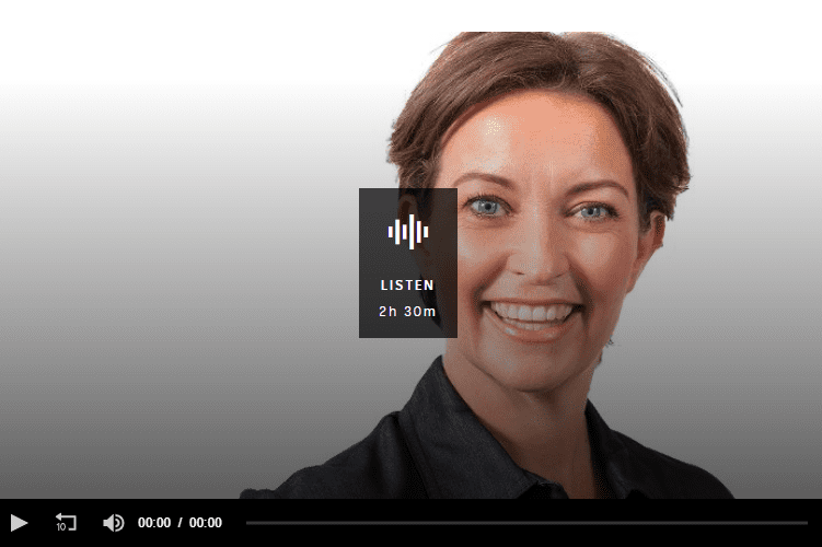 a screen shot of a ABC interview, there is an image of a woman with short brown hair and a black collared shirt. In the middle the is a symbol of sound and then the word Listen and 2h 30m