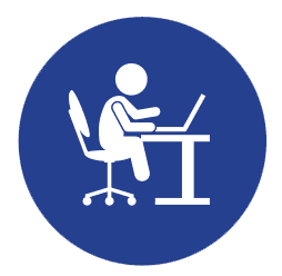 Blue circle with a white graphic of someone sitting at a desk working on a laptop. 