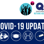 There is a pink and blue circle with graphics of people inside them and then the QDN logo, Queenslanders with Disability Network, Nothing About us Without us. COVID-19 Update. There are four circles with graphics inside of hand sanitiser, a mask, two people social distancing and a vaccine.