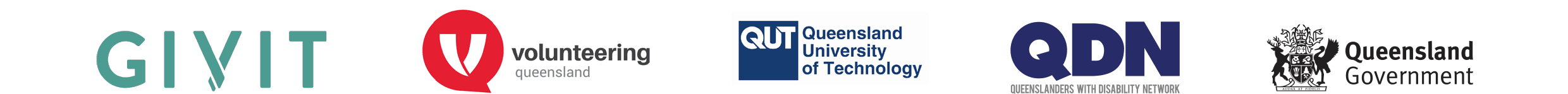 Row of five logos. GIVIT - Goods for good causes, Volunteering Queensland, QUT - Queensland University of Technology, QDN - Queenslanders with Disability Network, Queensland Government.