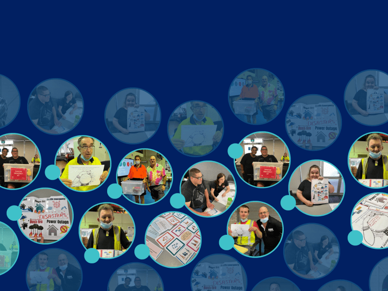 A dark blue background with lots of circles with photos of people at a workshop in them.