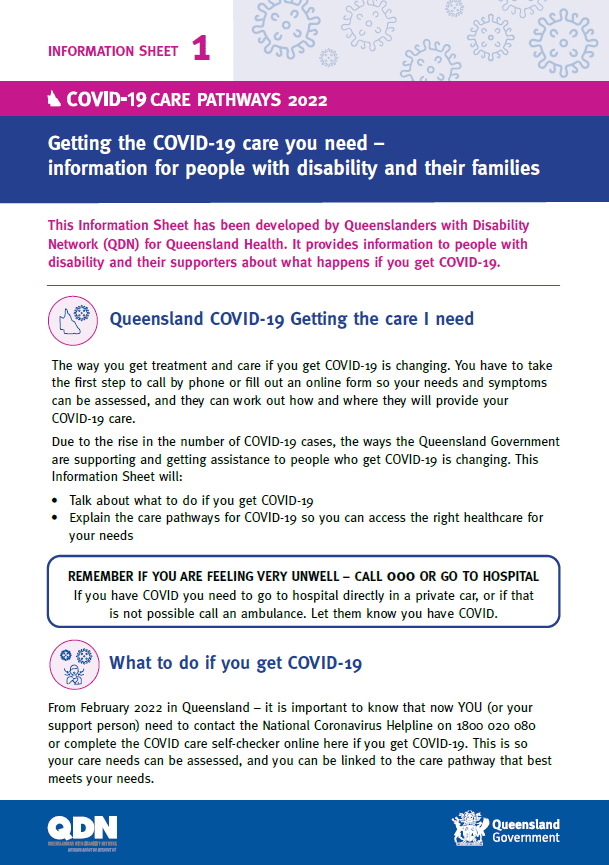 Image of the title page of Information Sheet 2 - Getting the COVID-19 care you need – information for people with disability and their families