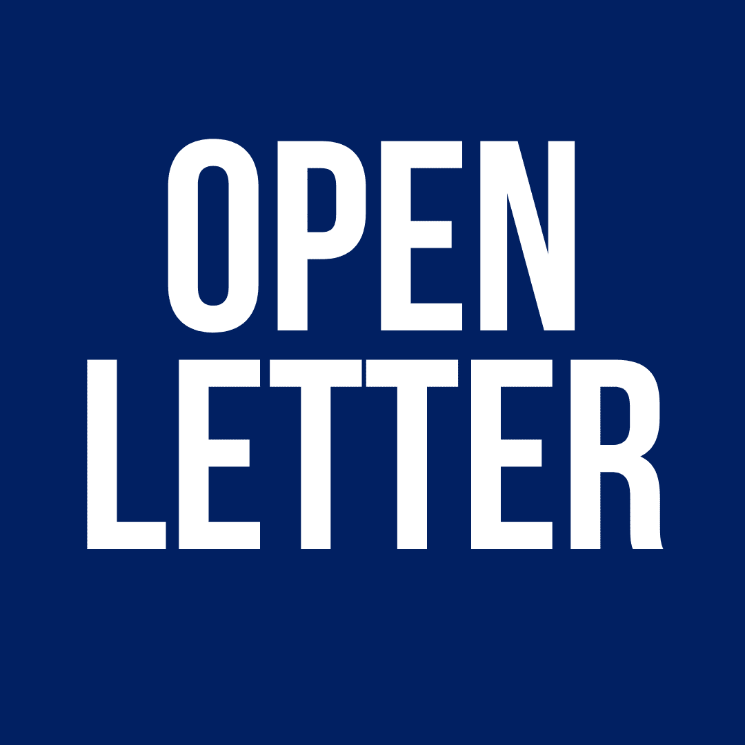 Dark blue background with white text that says Open Letter