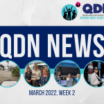 QDN, Queenslanders with Disability, Nothing About us without us. QDN News, March 2022 Week 2. There are 4 circles with photos in them. One of a flood, the second of two women and a man smiling at the camera, the third of a woman and two men standing in front of the Greenslopes house entrance and the fourth of a woman with a cane standing in front of a taxi sign.