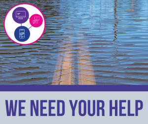 We need your help. Photo of flood waters with the centre road lines through the middle. In the top left there is a graphic with three circles. There is a laptop, a mobile and speech bubbles in each circle. 