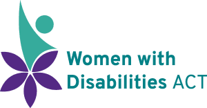 Women with Disability Australian Capital Territory logo. There is a graphic of a purple flour with a woman coming out of it in green. 