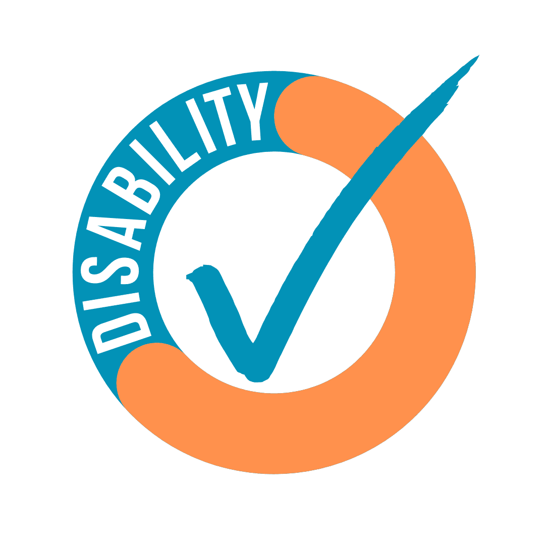 a blue and orange circle with disability written around it and a blue tick in the middle.