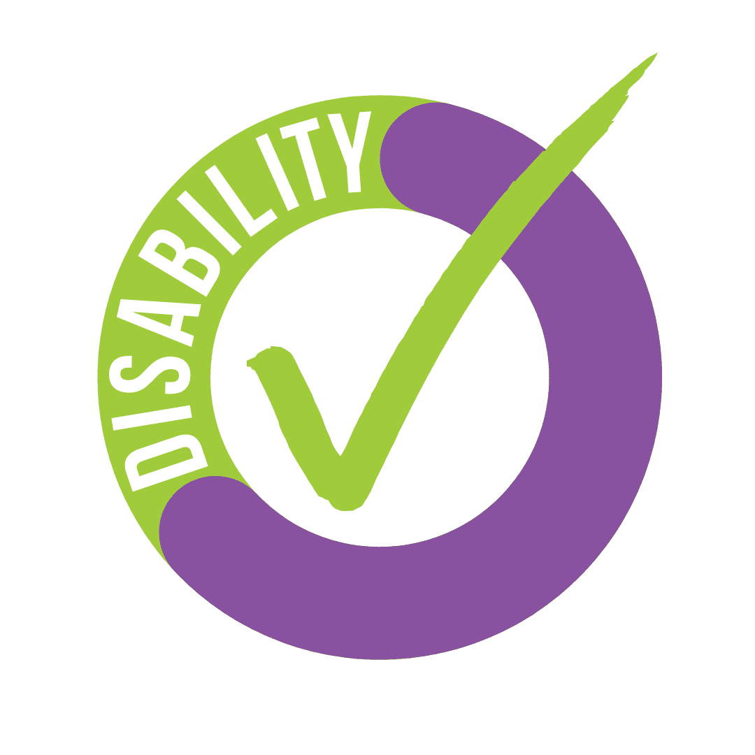 A purple and green circle with disability written around it and a green tick in the middle.