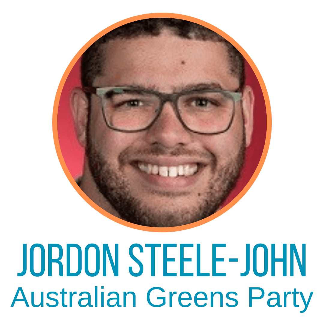 A photo of a man with glasses smiling at the camera and below it says Jordon Steele-John, Australian Greens Party.
