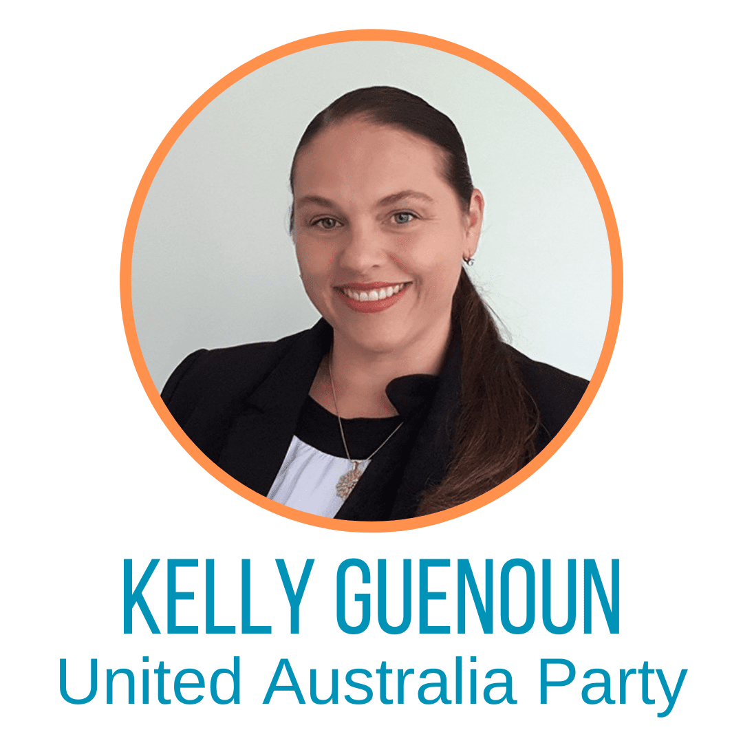 A photo of a woman with dark hair smiling at the camera. Below it says Kelly Guenoun, United Australian Party 
