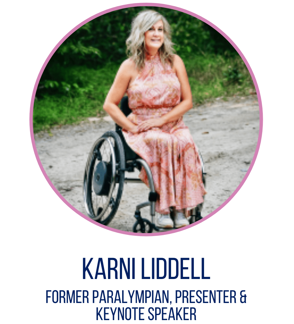 A woman with long blonde hair wearing a pink long dress and she is sitting in a wheel chair. The text below says Karni Liddell, Former Paralympian, Presenter & Keynote Speaker