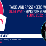 Disability Matters, Taxis and passengers with disability, Online event - Share your experiences and ideas. 2 June - 3.30pm to 5pm. QDN Member event, Want to be a QDN Member? Join QDN for free now! www.qdn.org.au. There is a photo in a circle with a woman wearing dark glasses and holding a cane, standing next to a taxi sign.