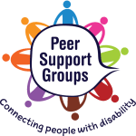 Peer Support Groups logo, Connecting people with disability - There is a speech bubble with 8 different coloured graphics of people circling it.
