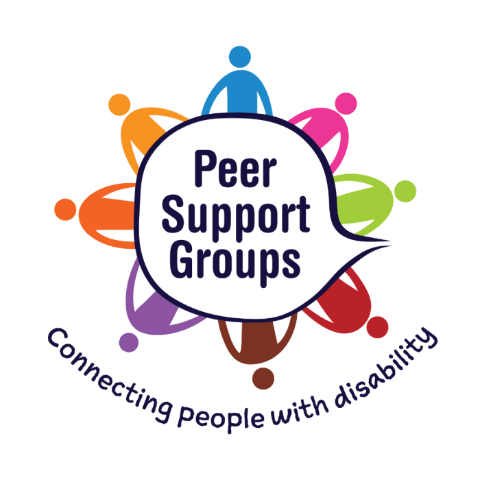 Peer Support Groups logo, Connecting people with disability - There is a speech bubble with 8 different coloured graphics of people circling it.