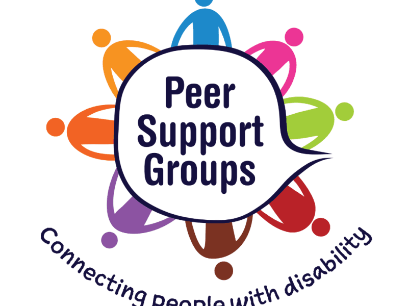 Peer Support Groups logo, Connecting people with disability - There is a speech bubble with 8 different coloured graphics of people circling it.