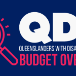 QDN Queenlsanders with disability network Budget overview. There is a graphic of a magnifying glass with a dollar sign in the middle and multiple arrows point outwards from it.