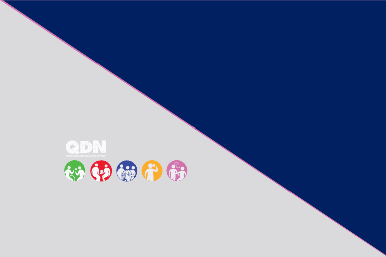 There are five circles with drawings of people in them and the QDN logo - Queenslanders with disability network.