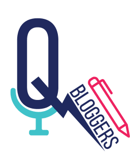 QBloggers Logo - the Q looks like an old school microphone with a electric flash through it and there is a pen above the text bloggers.