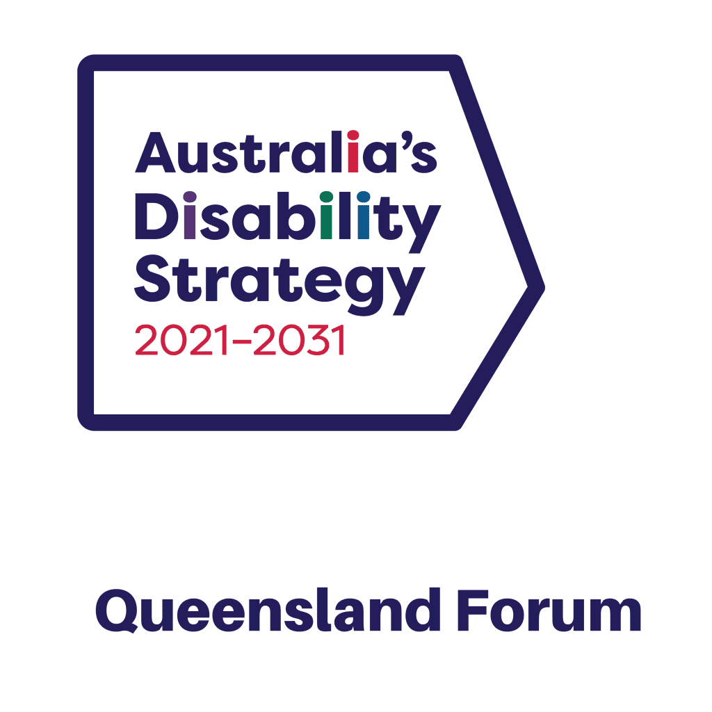 The Australia's Disability Strategy logo. The logo is made up of the words 'Australia's Disability Strategy 2021-2023' placed within the dark purle outline of a squarish shaped arrow, pointing to the right. The words 'Australia's Disability Strategy' are purple, except for all the i letters. The i in Australia's is red, the first i in Disability is purple, the second i is green, and the third i is blue. The words 2021-2023 are red. Beneath ther arrow shape are the words, also in dark purple, 'Queensland Forum'.