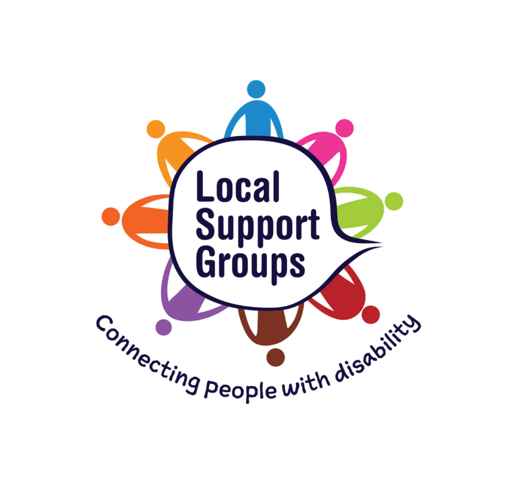Peer Support Groups logo, Connecting people with disability - There is a speech bubble with 8 different coloured graphics of people circling it.