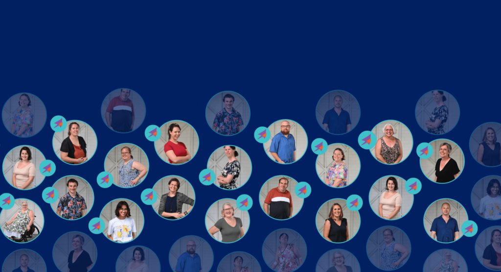 A dark blue banner with circles across it with photos of all the emerging leaders inside, as well as some solid aqua circles.