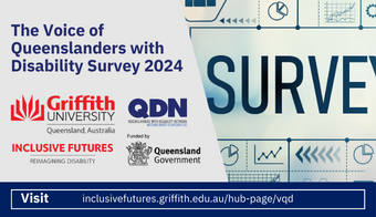 Image: Grey and Blue background. Text says, The Voice of Queenslanders with Disability Survey 2024, with the Griffith University logo, QDN logo, Queensland Government logo, Inclusive Futures logo and Visit inclusivefutures.griffith.edu.au/hubpage/voq 