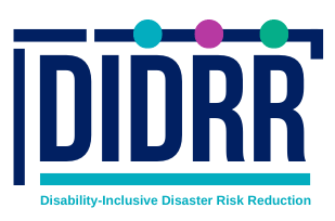 Navy blue text that says DIDRR, underneath this in smaller writing and light blue text it says, Disability Inclusive Disaster Risk Reduction. 