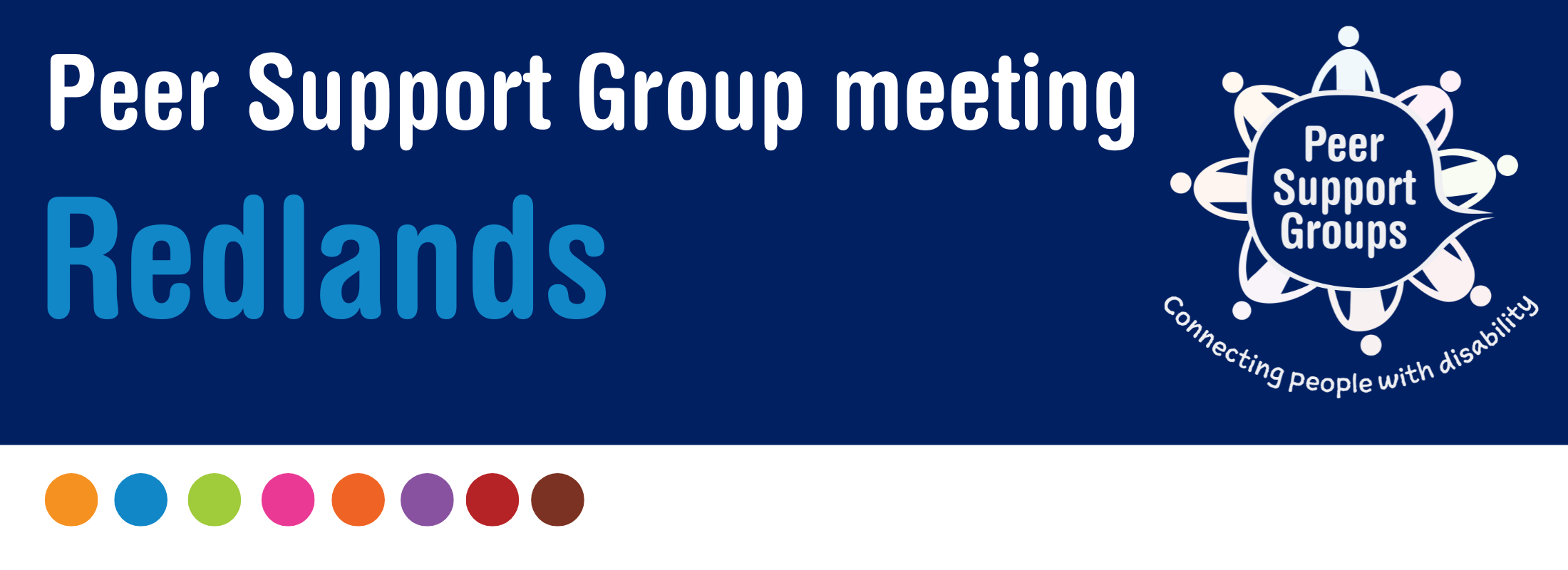 The image shows an event banner with blue and white background. Text says, Peer Support Group meeting Redlands. Peer Support Groups logo at the right side.