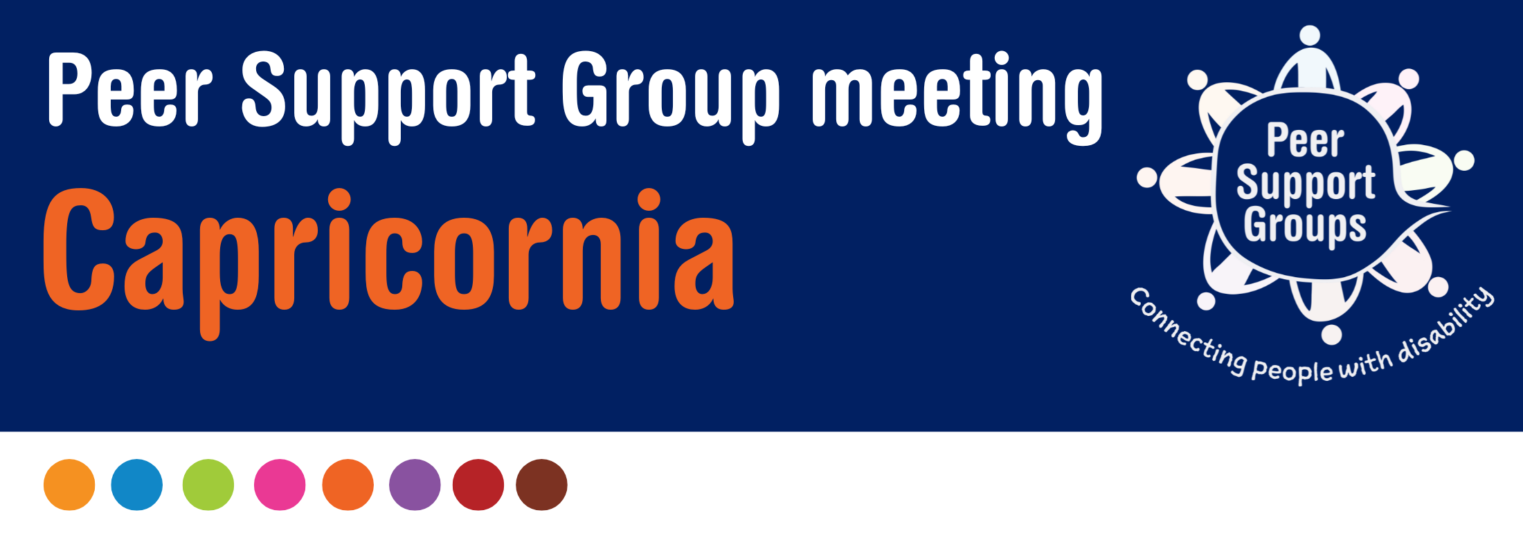 The image shows an event banner with blue and white background. Text says, Peer Support Group meeting. Peer Support Groups logo at the right side. 