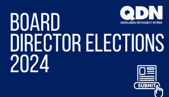 This image has blue background. Text says, Board Director Elections 2024. QDN logo at the top right corner and a submit icon on the bottom right corner. 