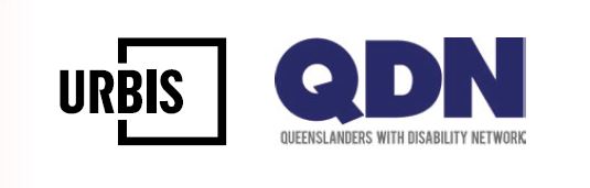 there are two logos side by side, the Urbis Logo is on the left, the writing is in black, there is a square that goes around the second half of the word. on the right hand side there is a QDN logo, that is in navy and written below in gray is "Queenslanders with Disability Network. 